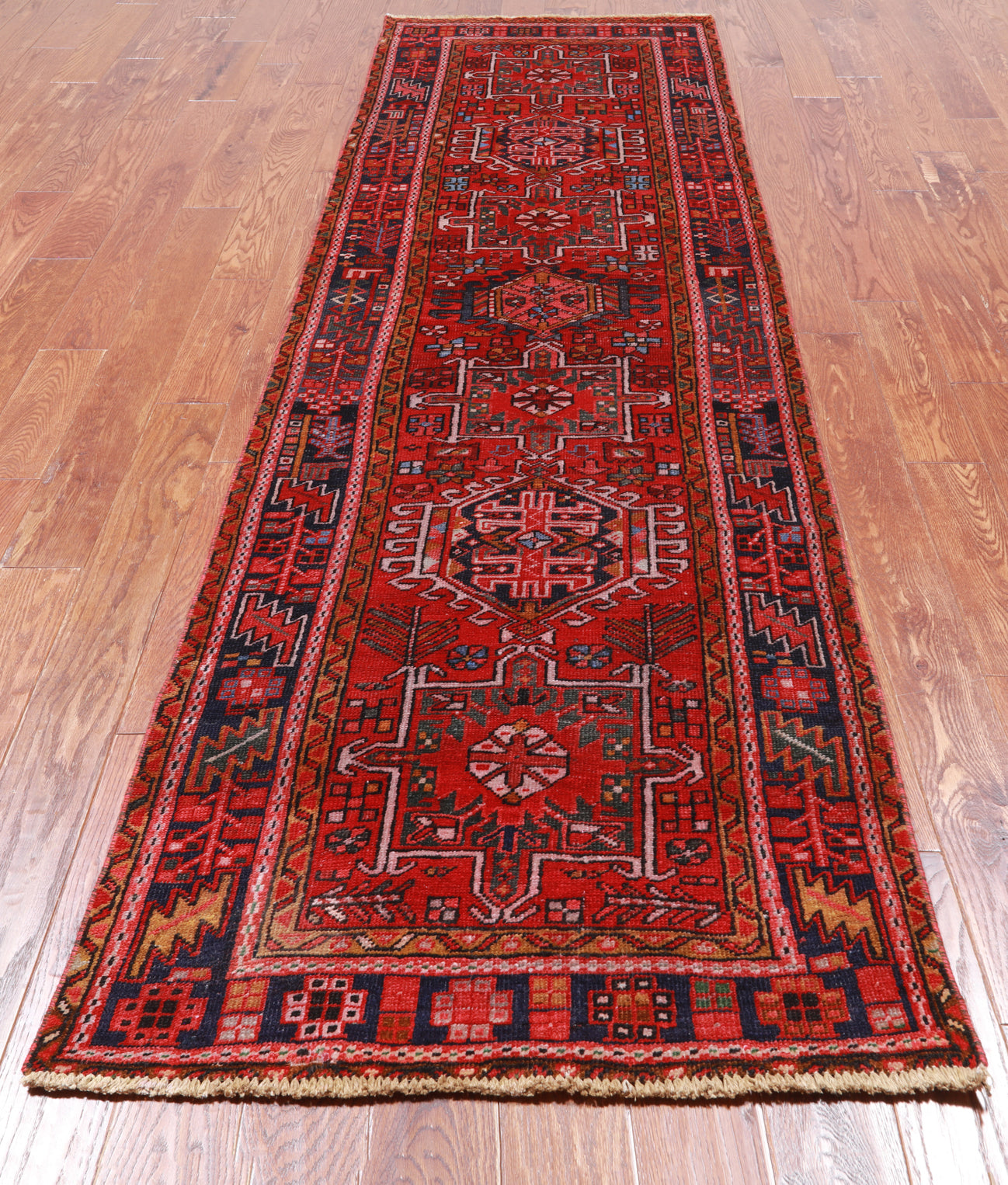 Red Vintage Persian Heriz Serapi Handmade Wool Runner Rug - 3' 2" X 10' 4"