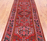 Red Vintage Persian Heriz Serapi Handmade Wool Runner Rug - 3' 2" X 10' 4"