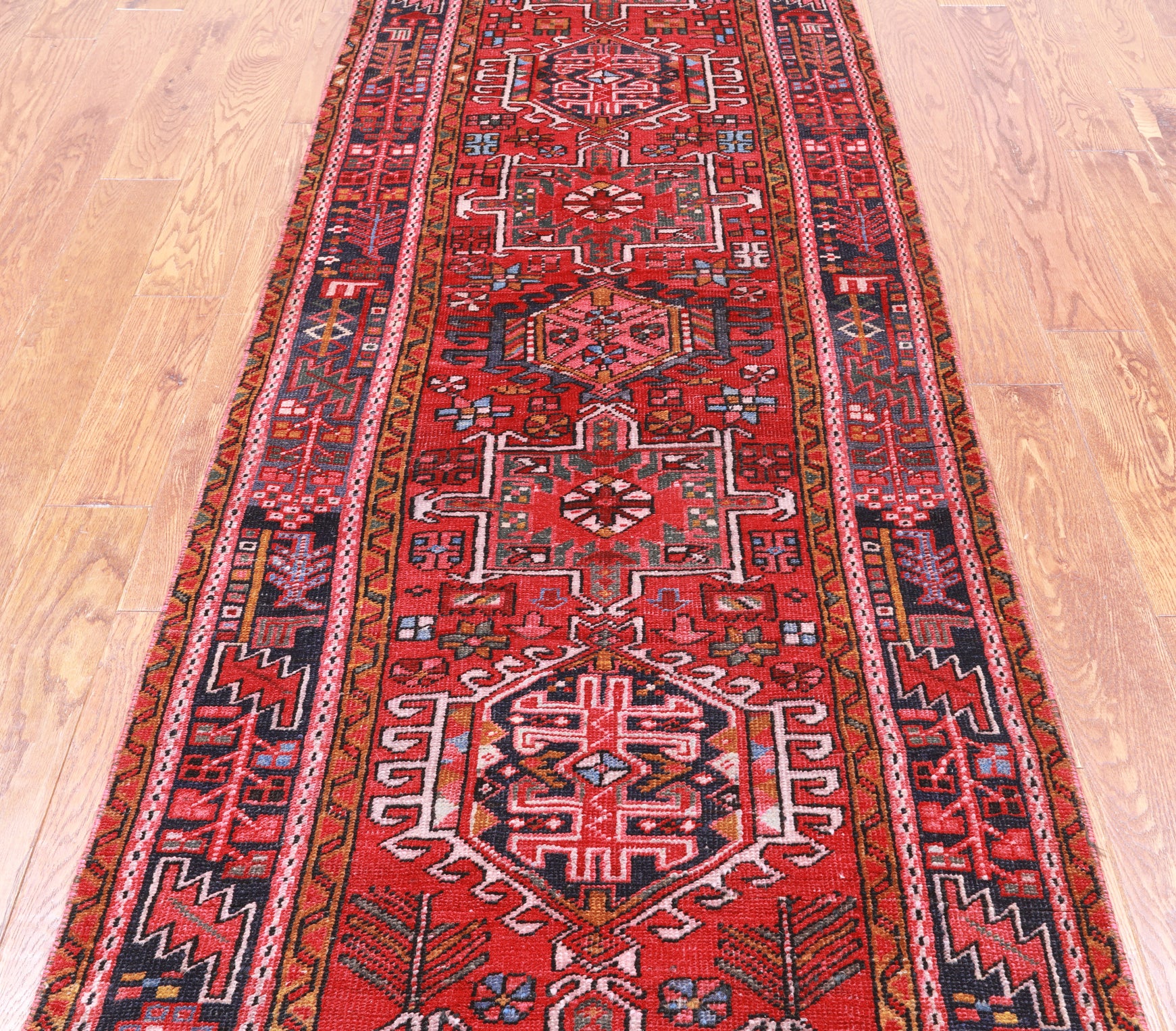 Red Vintage Persian Heriz Serapi Handmade Wool Runner Rug - 3' 2" X 10' 4"