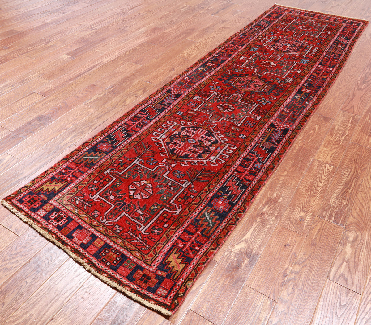 Red Vintage Persian Heriz Serapi Handmade Wool Runner Rug - 3' 2" X 10' 4"