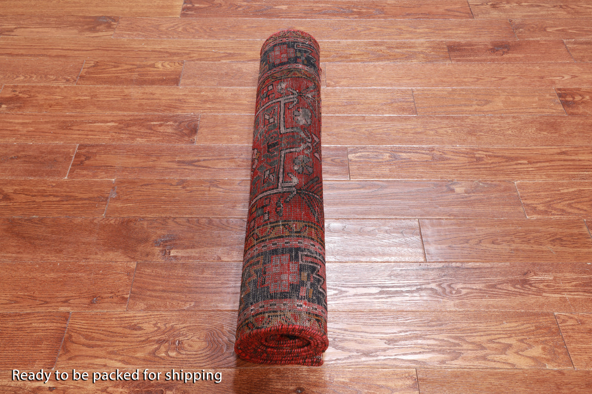 Red Vintage Persian Heriz Serapi Handmade Wool Runner Rug - 3' 2" X 10' 4"