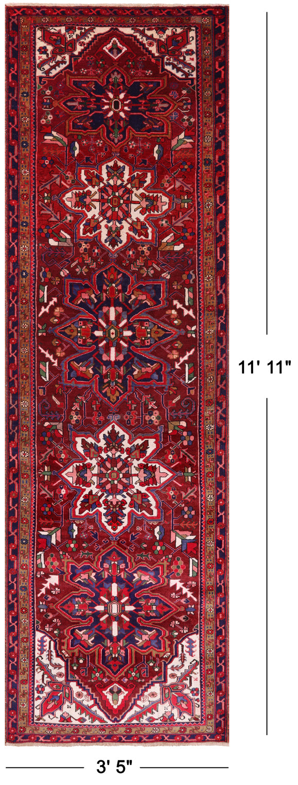 Red Vintage Persian Heriz Serapi Hand-Knotted Wool Runner Rug - 3' 5" X 11' 11"