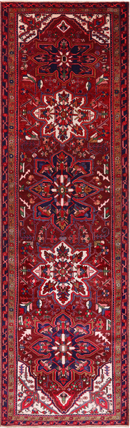 Red Vintage Persian Heriz Serapi Hand-Knotted Wool Runner Rug - 3' 5" X 11' 11"