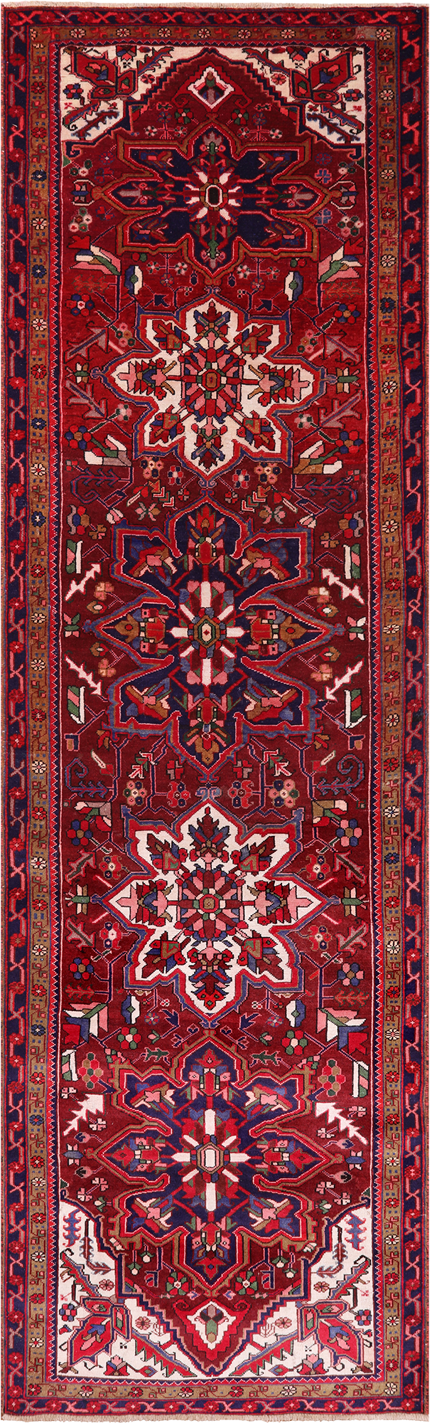 Red Vintage Persian Heriz Serapi Hand-Knotted Wool Runner Rug - 3' 5" X 11' 11"