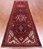 Red Vintage Persian Heriz Serapi Hand-Knotted Wool Runner Rug - 3' 5" X 11' 11"