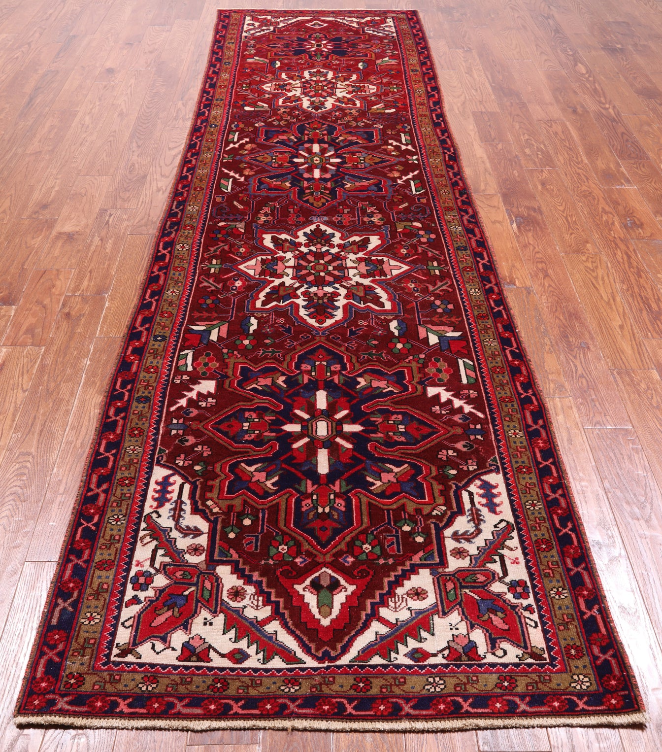 Red Vintage Persian Heriz Serapi Hand-Knotted Wool Runner Rug - 3' 5" X 11' 11"