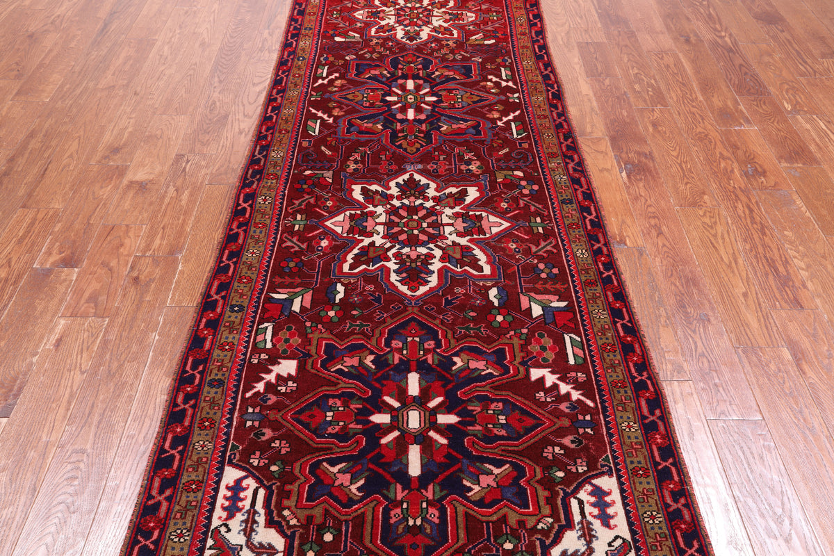Red Vintage Persian Heriz Serapi Hand-Knotted Wool Runner Rug - 3' 5" X 11' 11"