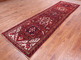 Red Vintage Persian Heriz Serapi Hand-Knotted Wool Runner Rug - 3' 5" X 11' 11"