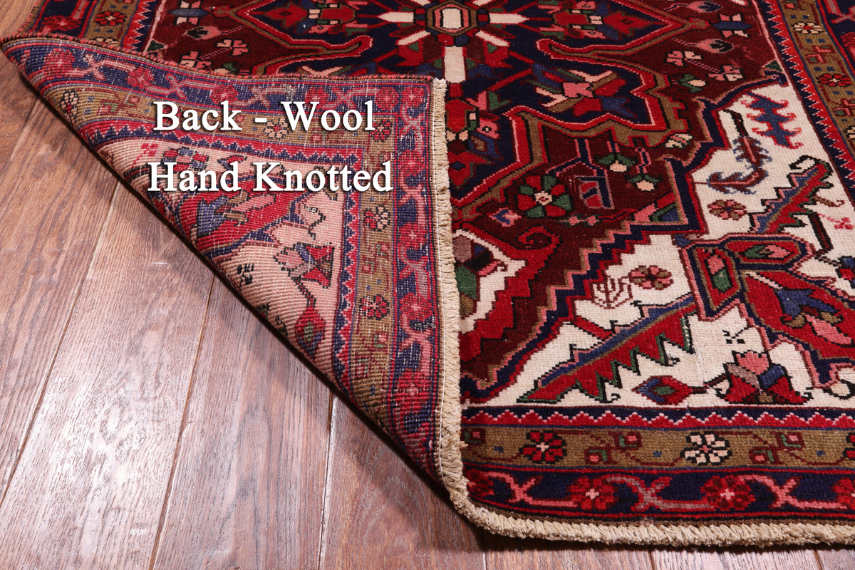 Red Vintage Persian Heriz Serapi Hand-Knotted Wool Runner Rug - 3' 5" X 11' 11"