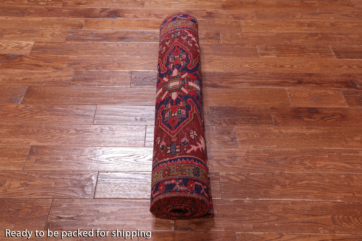 Red Vintage Persian Heriz Serapi Hand-Knotted Wool Runner Rug - 3' 5" X 11' 11"