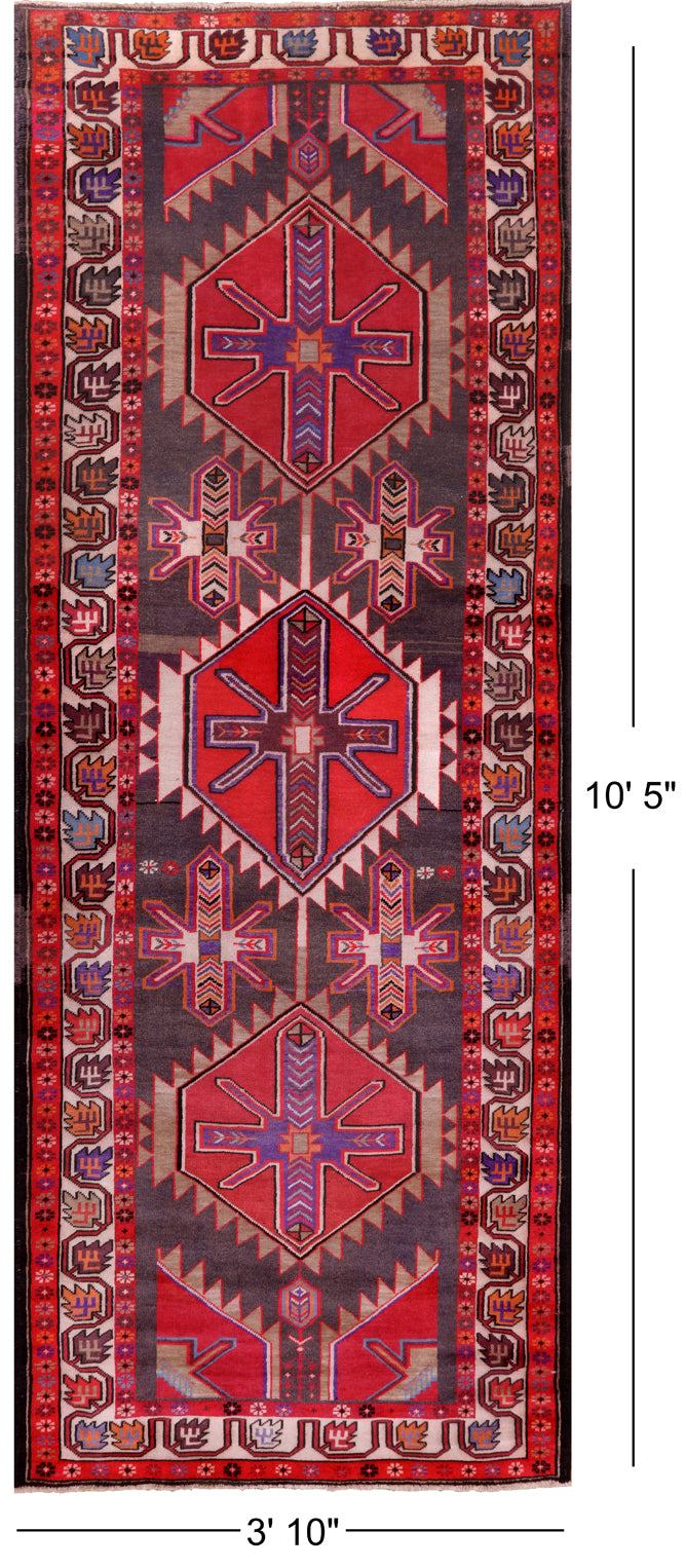 Brown Vintage Persian Handmade Wool Runner Rug - 3' 10" X 10' 5"