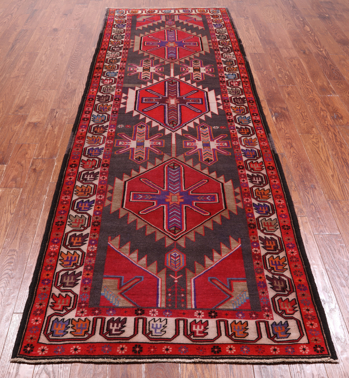 Brown Vintage Persian Handmade Wool Runner Rug - 3' 10" X 10' 5"