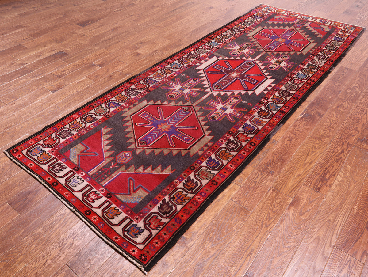 Brown Vintage Persian Handmade Wool Runner Rug - 3' 10" X 10' 5"