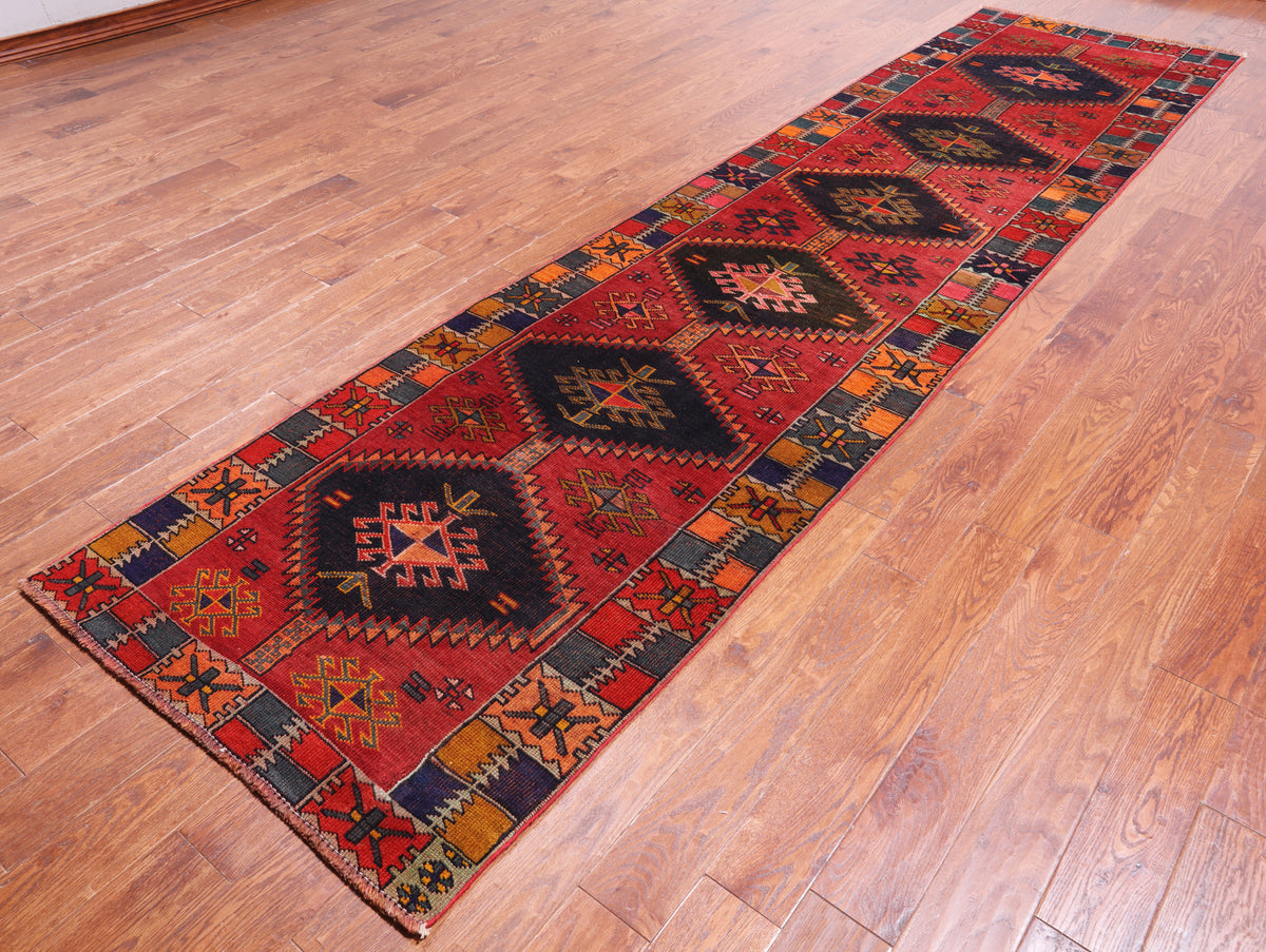 Red Vintage Persian Hand-Knotted Wool Runner Rug - 3' 5" X 13' 6"