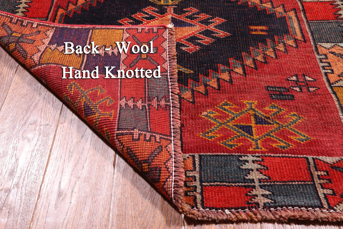 Red Vintage Persian Hand-Knotted Wool Runner Rug - 3' 5" X 13' 6"