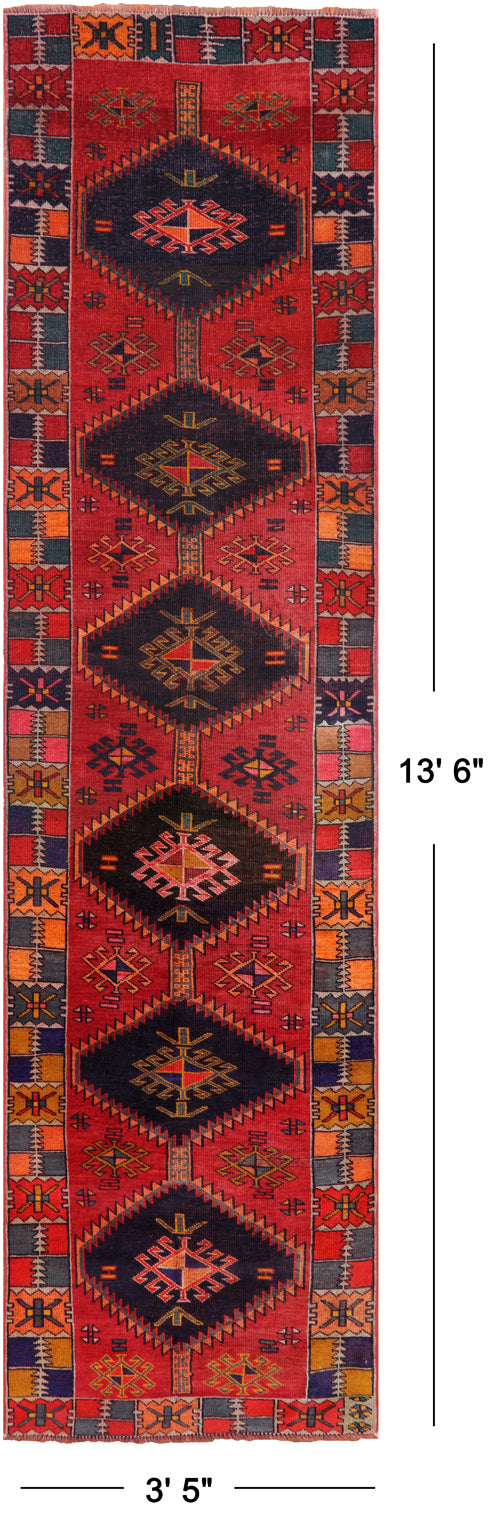 Red Vintage Persian Hand-Knotted Wool Runner Rug - 3' 5" X 13' 6"