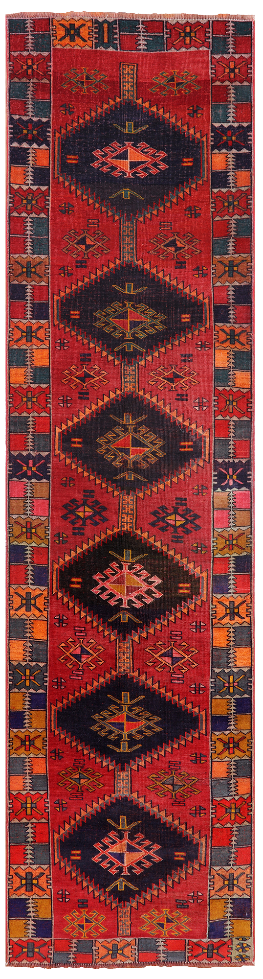 Red Vintage Persian Hand-Knotted Wool Runner Rug - 3' 5" X 13' 6"