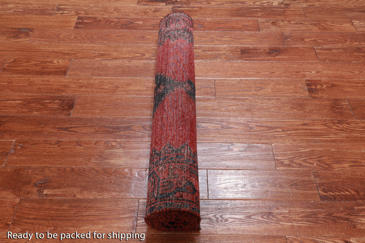Ruby Red Vintage Persian Hand-Knotted Wool Runner Rug - 3' 7" X 10' 2"