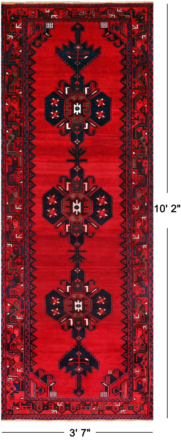 Ruby Red Vintage Persian Hand-Knotted Wool Runner Rug - 3' 7" X 10' 2"