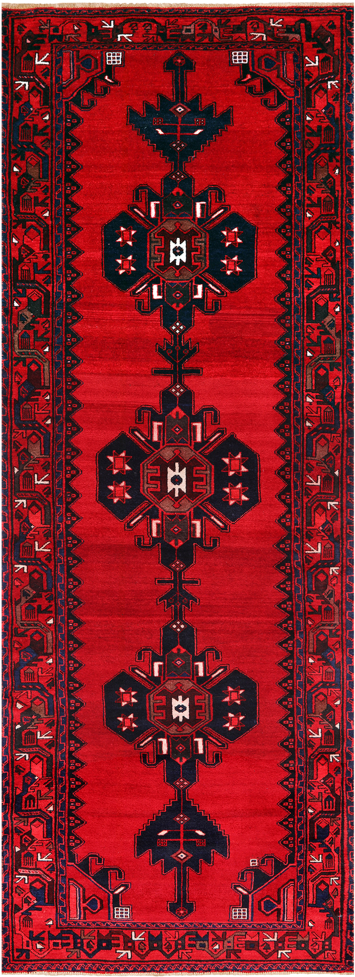 Ruby Red Vintage Persian Hand-Knotted Wool Runner Rug - 3' 7" X 10' 2"