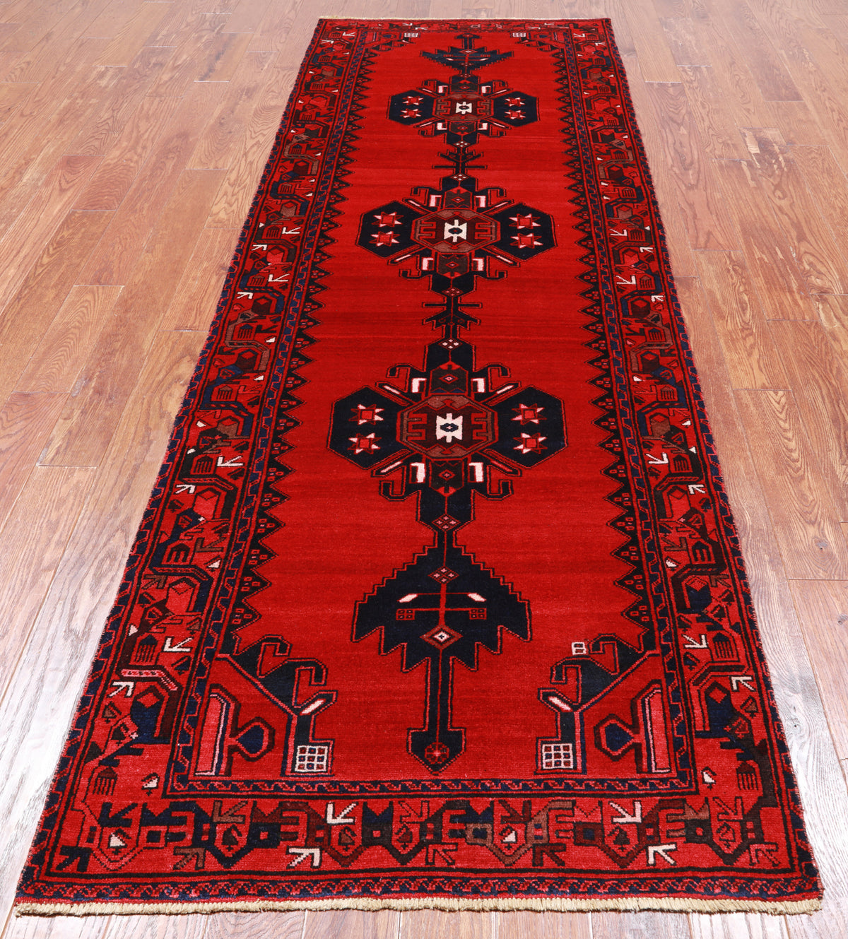 Ruby Red Vintage Persian Hand-Knotted Wool Runner Rug - 3' 7" X 10' 2"