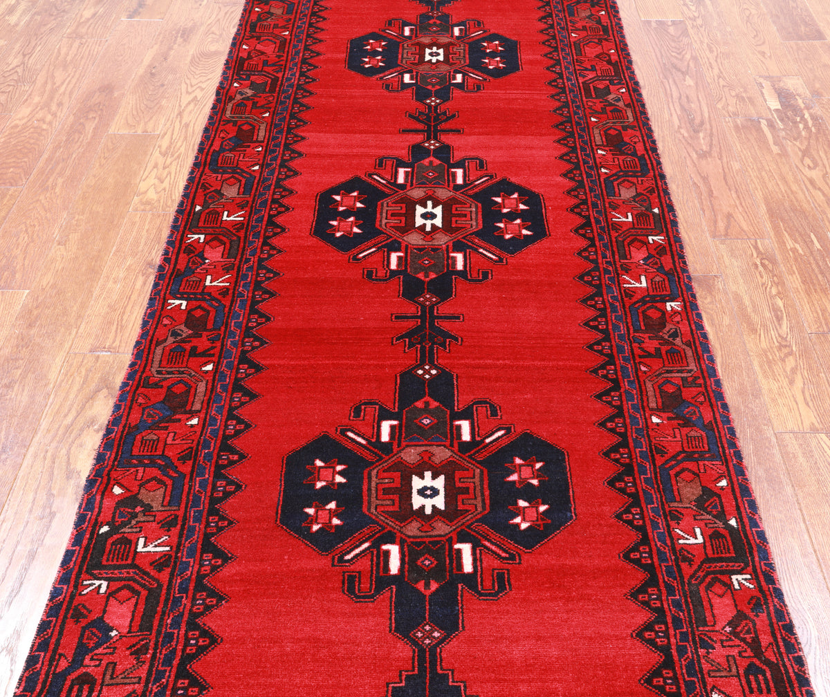 Ruby Red Vintage Persian Hand-Knotted Wool Runner Rug - 3' 7" X 10' 2"