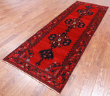 Ruby Red Vintage Persian Hand-Knotted Wool Runner Rug - 3' 7" X 10' 2"