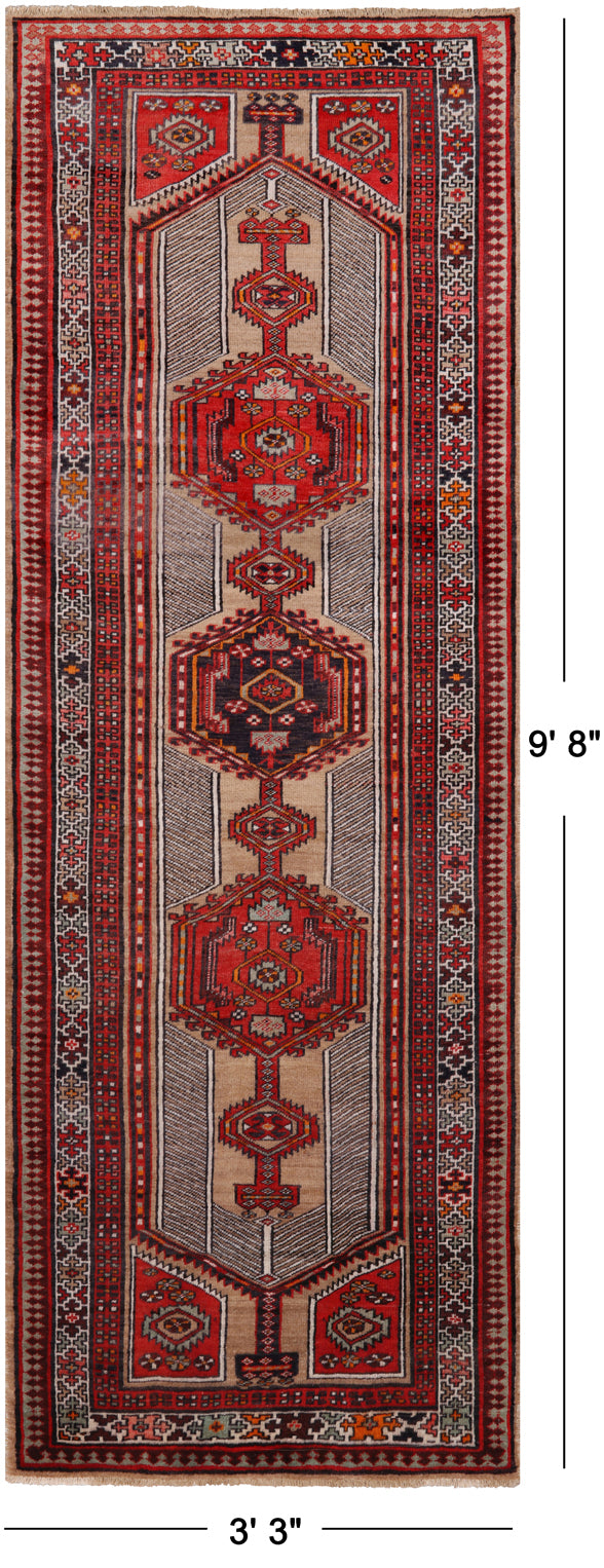 Brown Vintage Persian Hand-Knotted Wool Runner Rug - 3' 3" X 9' 8"