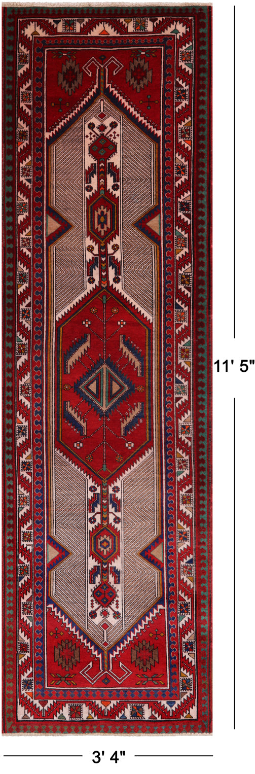 Red Vintage Persian Handmade Wool Runner Rug - 3' 4" X 11' 5"