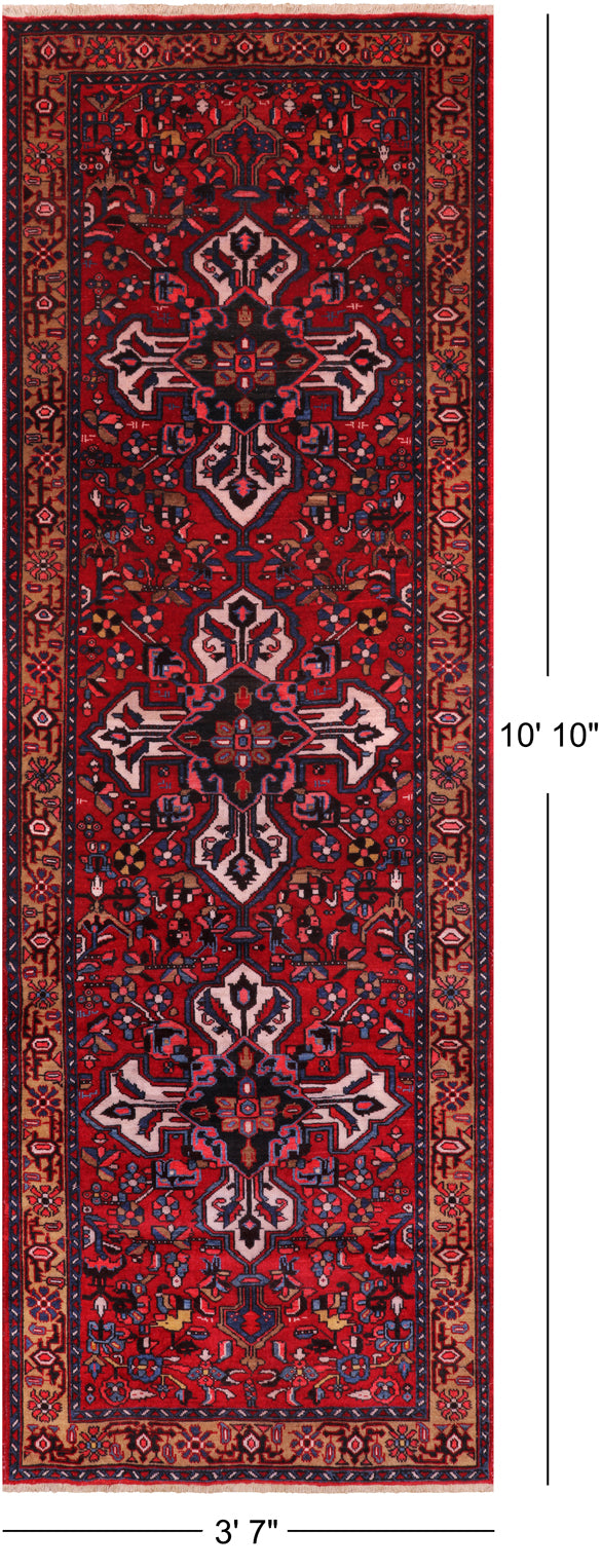 Red Vintage Persian Hand-Knotted Wool Runner Rug - 3' 7" X 10' 10"