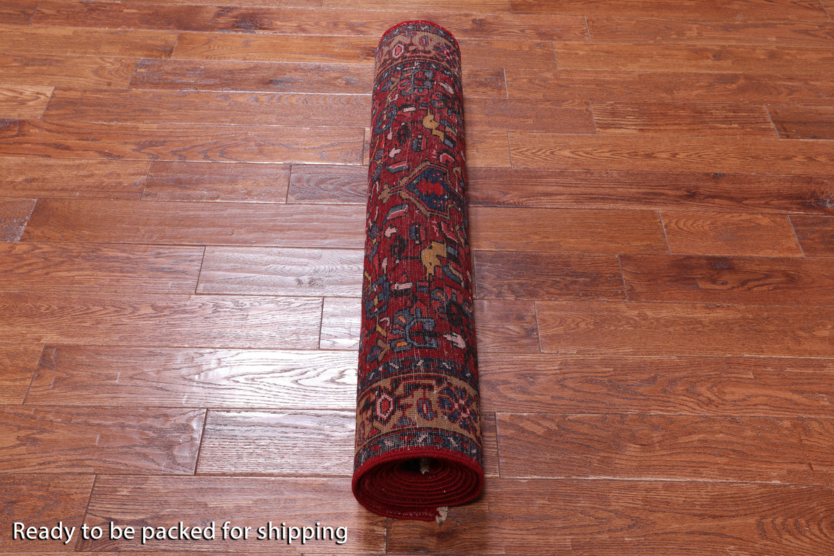 Red Vintage Persian Hand-Knotted Wool Runner Rug - 3' 7" X 10' 10"