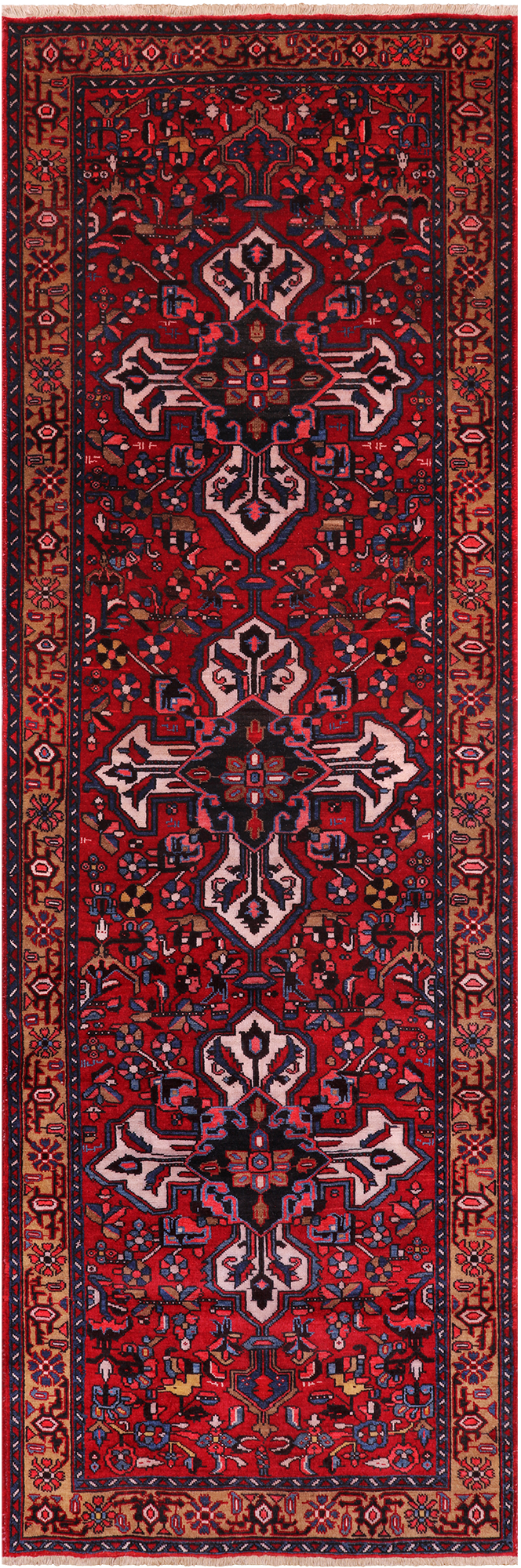 Red Vintage Persian Hand-Knotted Wool Runner Rug - 3' 7" X 10' 10"