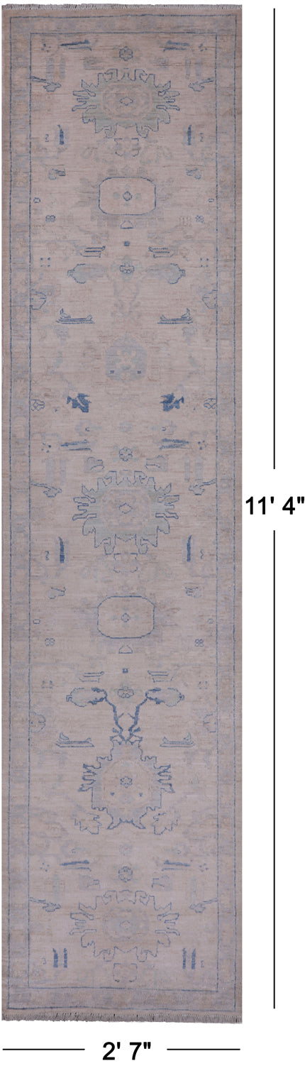 Ivory Peshawar Washed Out Handmade Wool Runner Rug - 2' 7" X 11' 4"