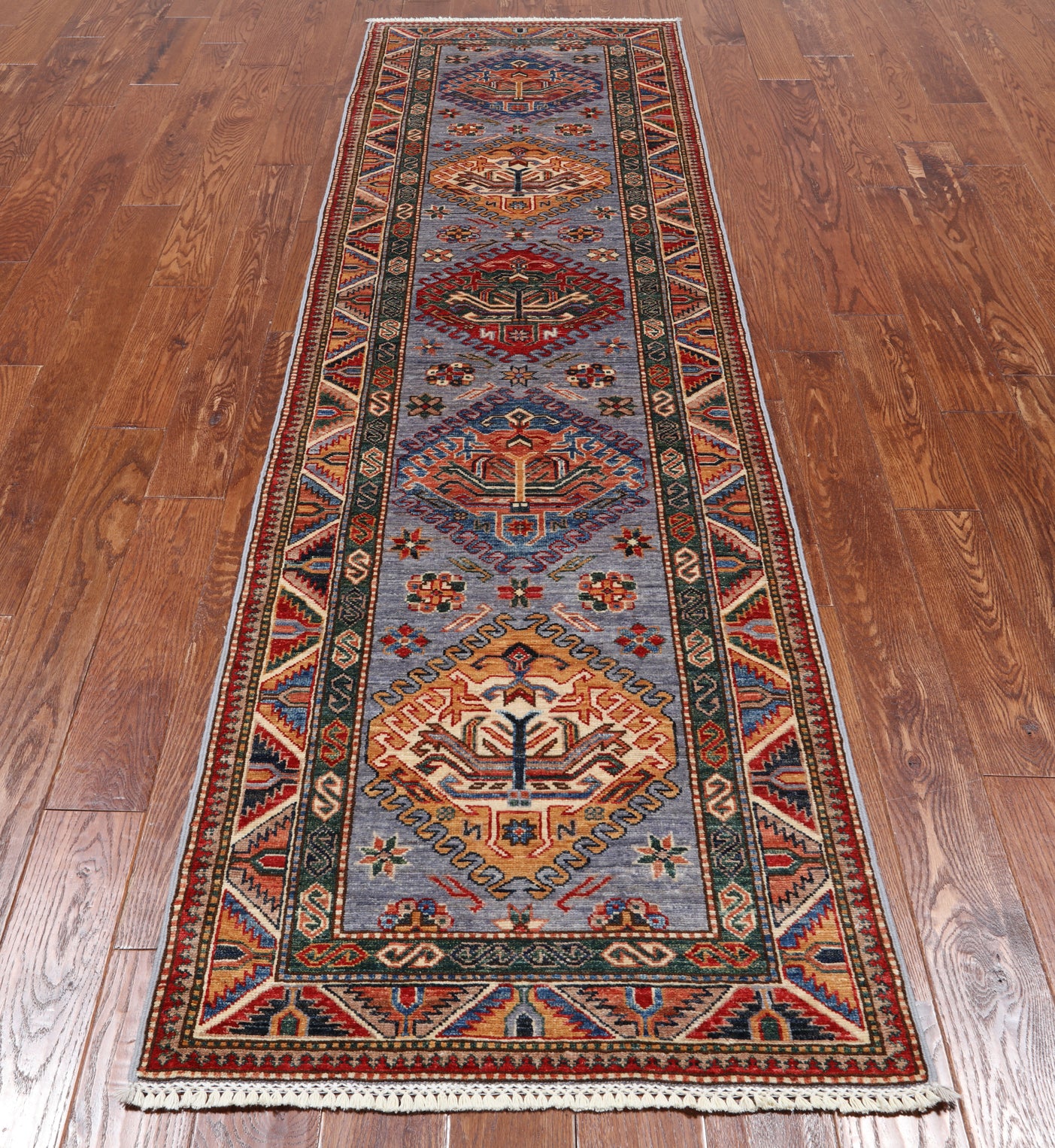 Grey Super Kazak Hand Knotted Wool Runner Rug - 2' 8" X 9' 1"