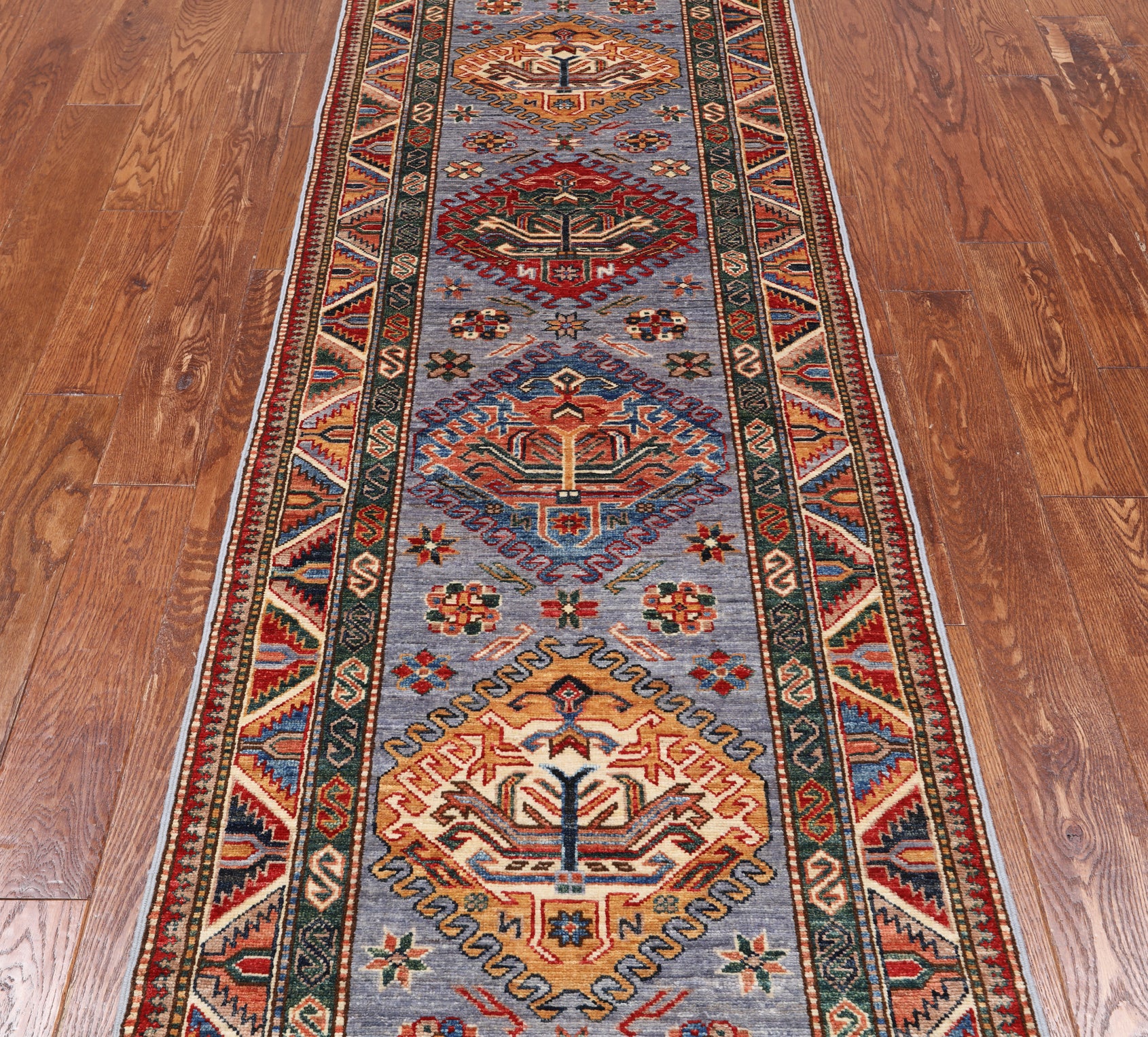 Grey Super Kazak Hand Knotted Wool Runner Rug - 2' 8" X 9' 1"