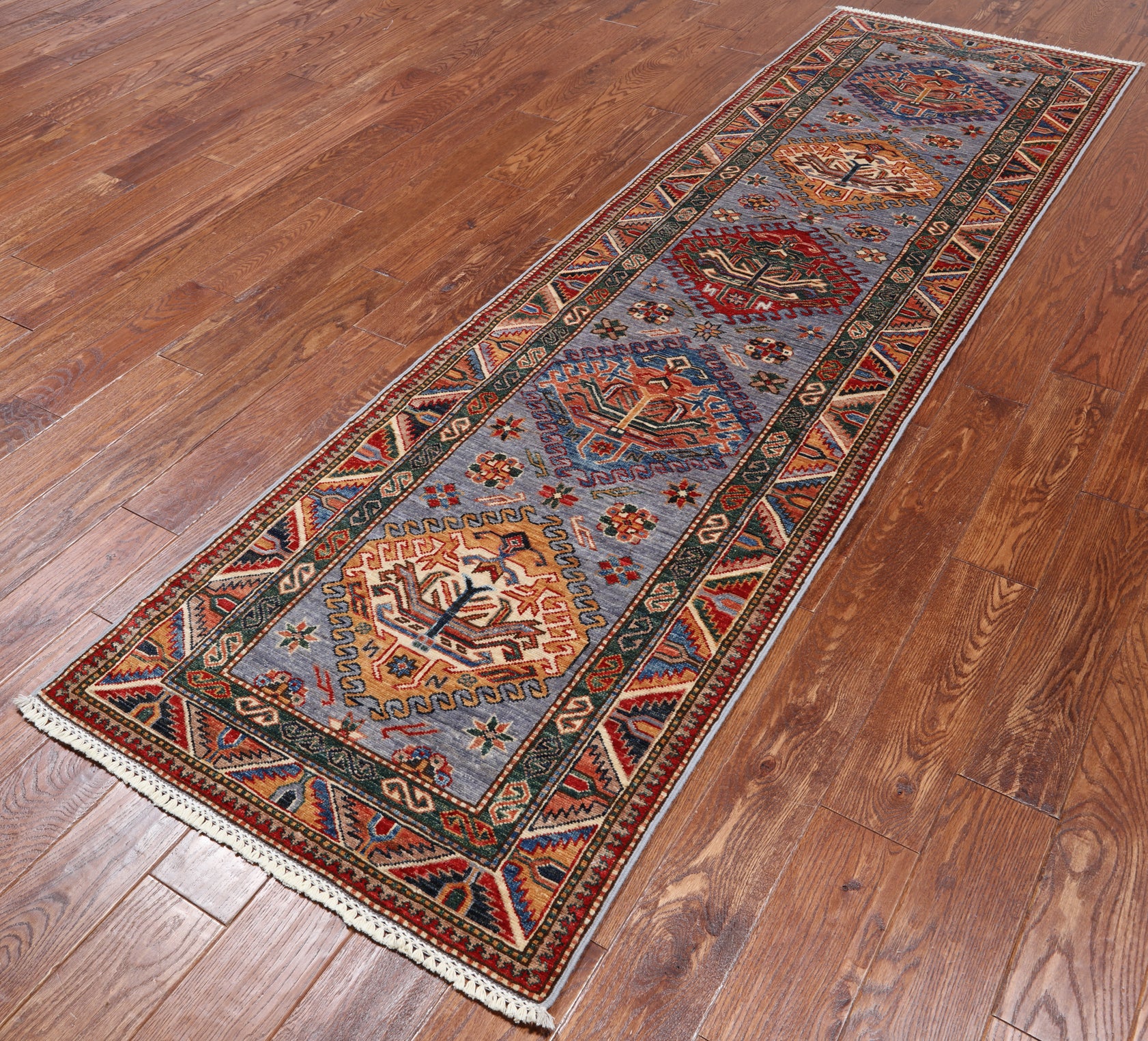 Grey Super Kazak Hand Knotted Wool Runner Rug - 2' 8" X 9' 1"