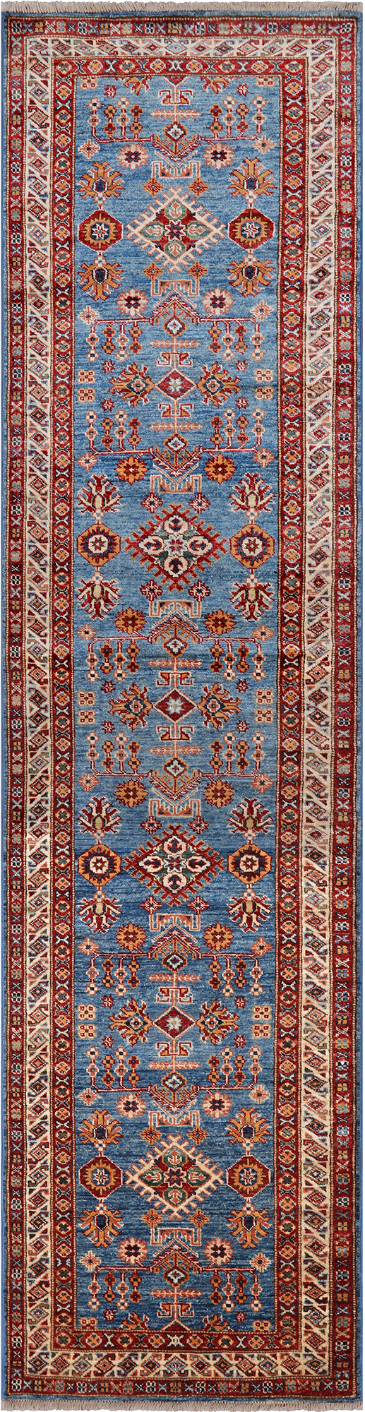 Blue Super Kazak Handmade Wool Runner Rug - 2' 6" X 9' 9"