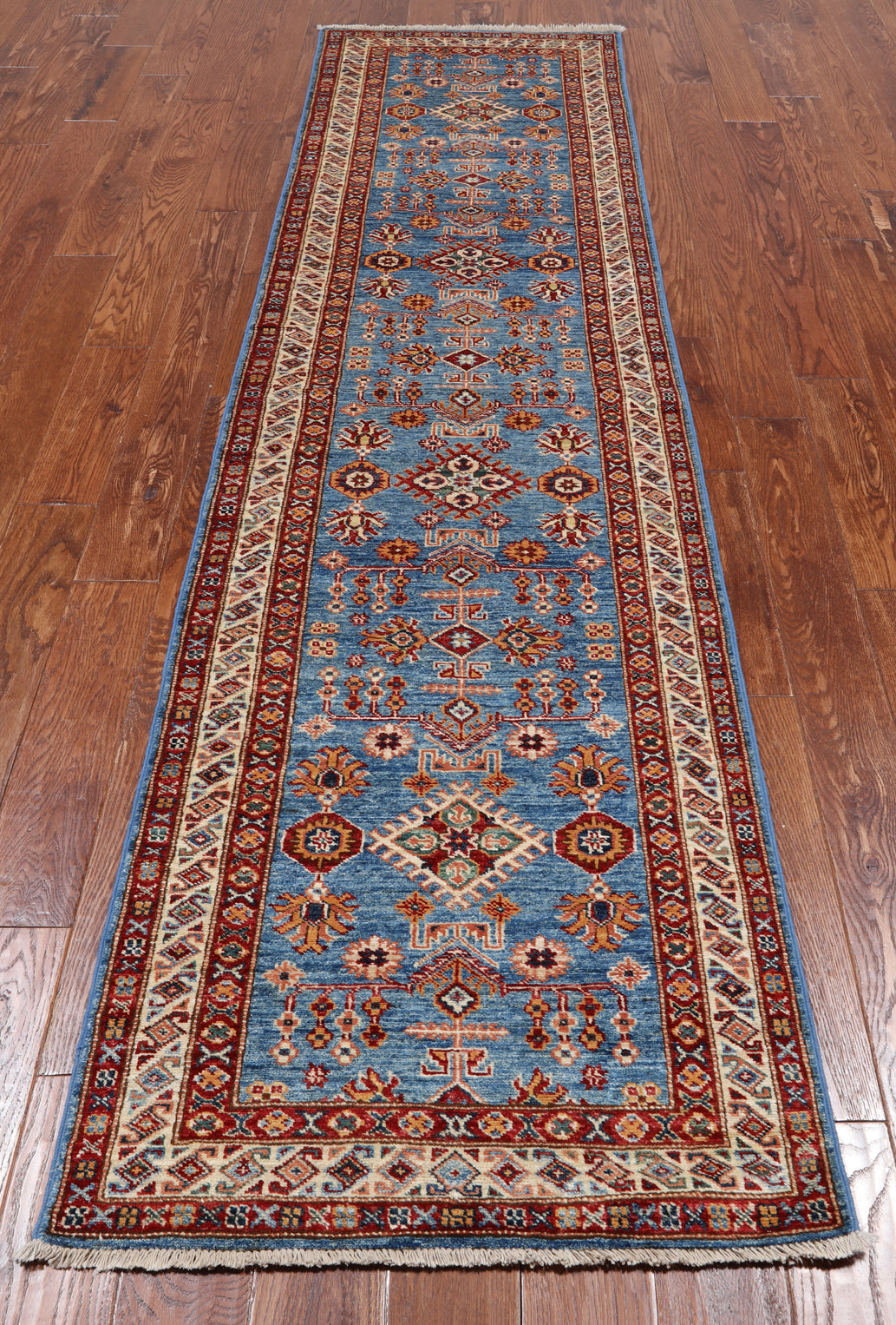 Blue Super Kazak Handmade Wool Runner Rug - 2' 6" X 9' 9"