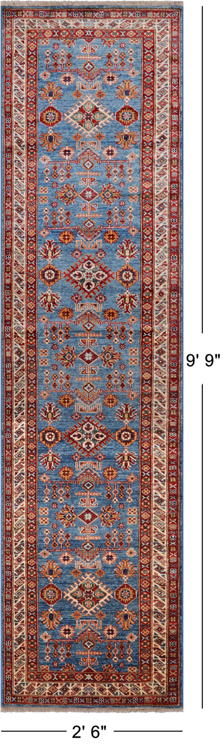 Blue Super Kazak Handmade Wool Runner Rug - 2' 6" X 9' 9"