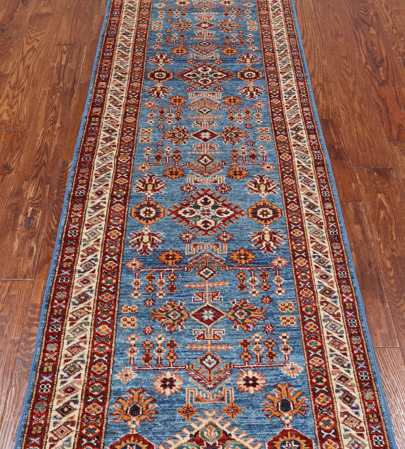 Blue Super Kazak Handmade Wool Runner Rug - 2' 6" X 9' 9"