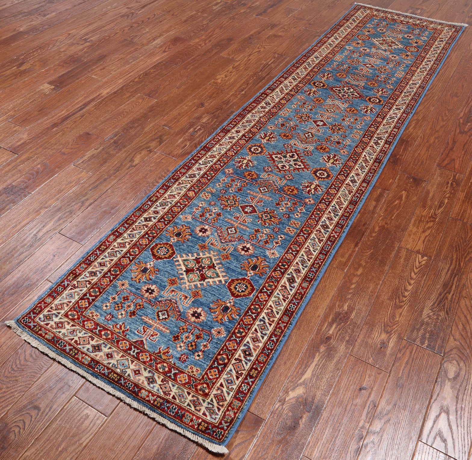 Blue Super Kazak Handmade Wool Runner Rug - 2' 6" X 9' 9"
