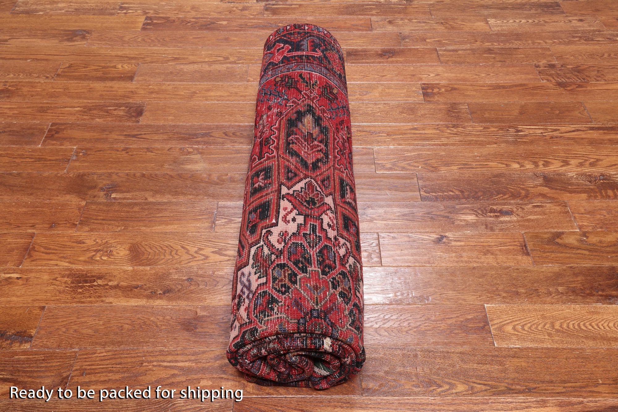 Red Vintage Persian Heriz Serapi Handmade Wool Rug - 8' 1" X 10' 11"