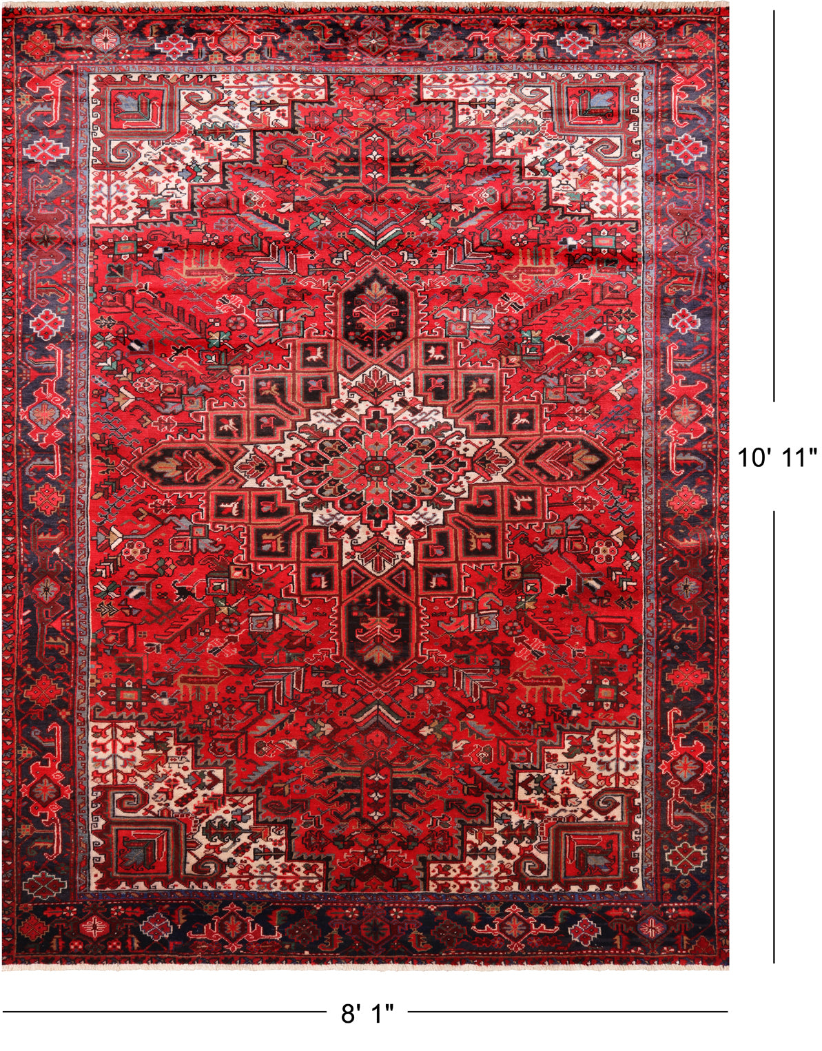 Red Vintage Persian Heriz Serapi Handmade Wool Rug - 8' 1" X 10' 11"