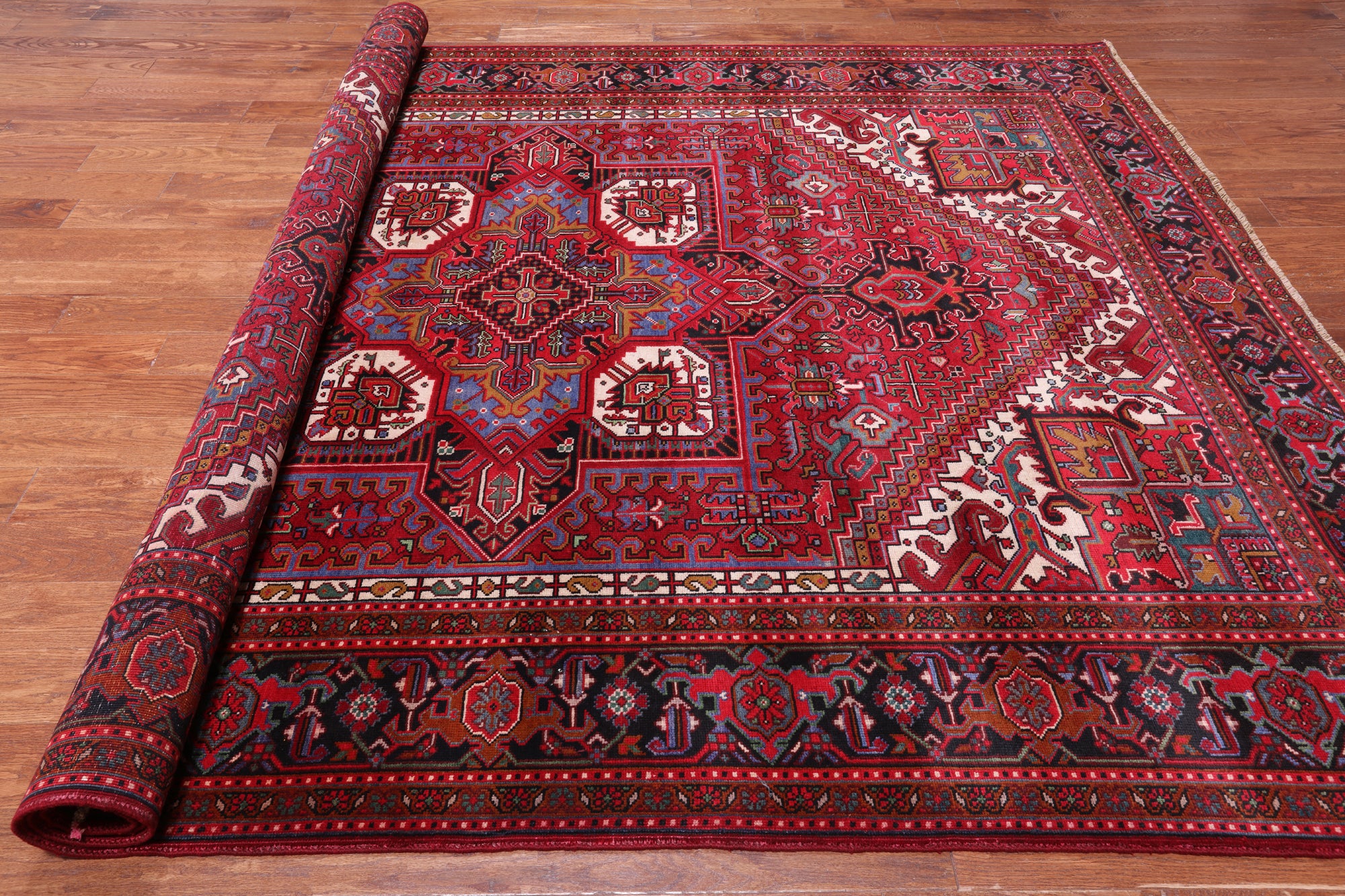 Red Vintage Persian Heriz Serapi Hand Knotted Wool Rug - 8' 0" X 10' 9"
