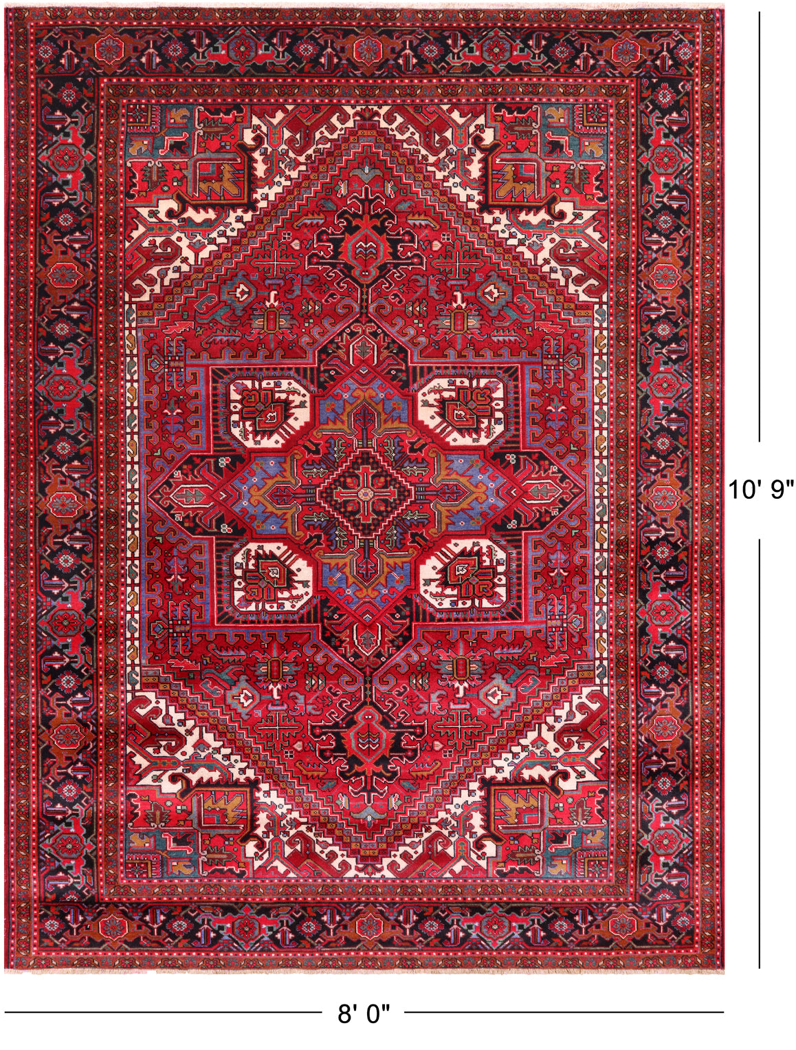 Red Vintage Persian Heriz Serapi Hand Knotted Wool Rug - 8' 0" X 10' 9"
