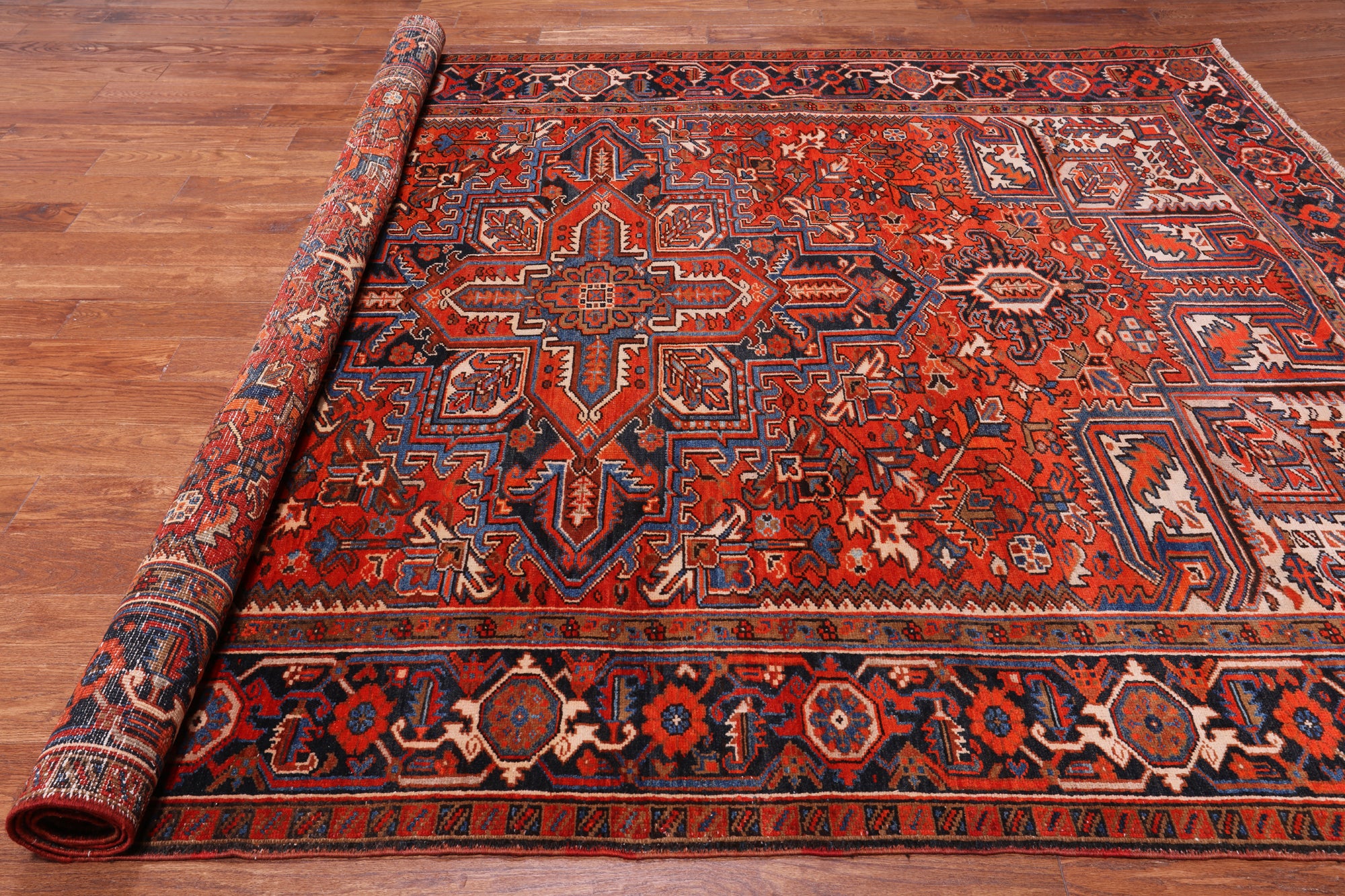 Red Vintage Persian Heriz Serapi Hand Knotted Wool Rug - 7' 10" X 10' 11"