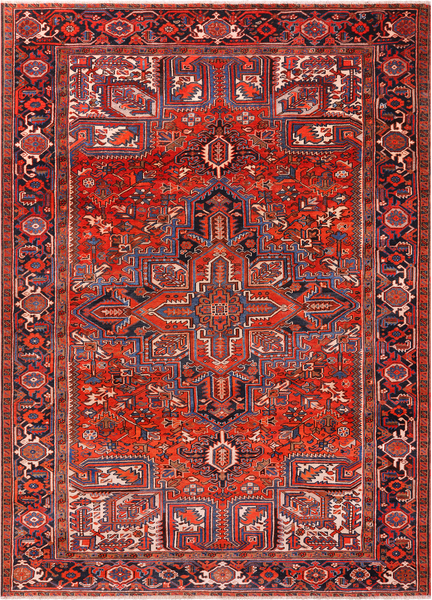 Red Vintage Persian Heriz Serapi Hand Knotted Wool Rug - 7' 10" X 10' 11"