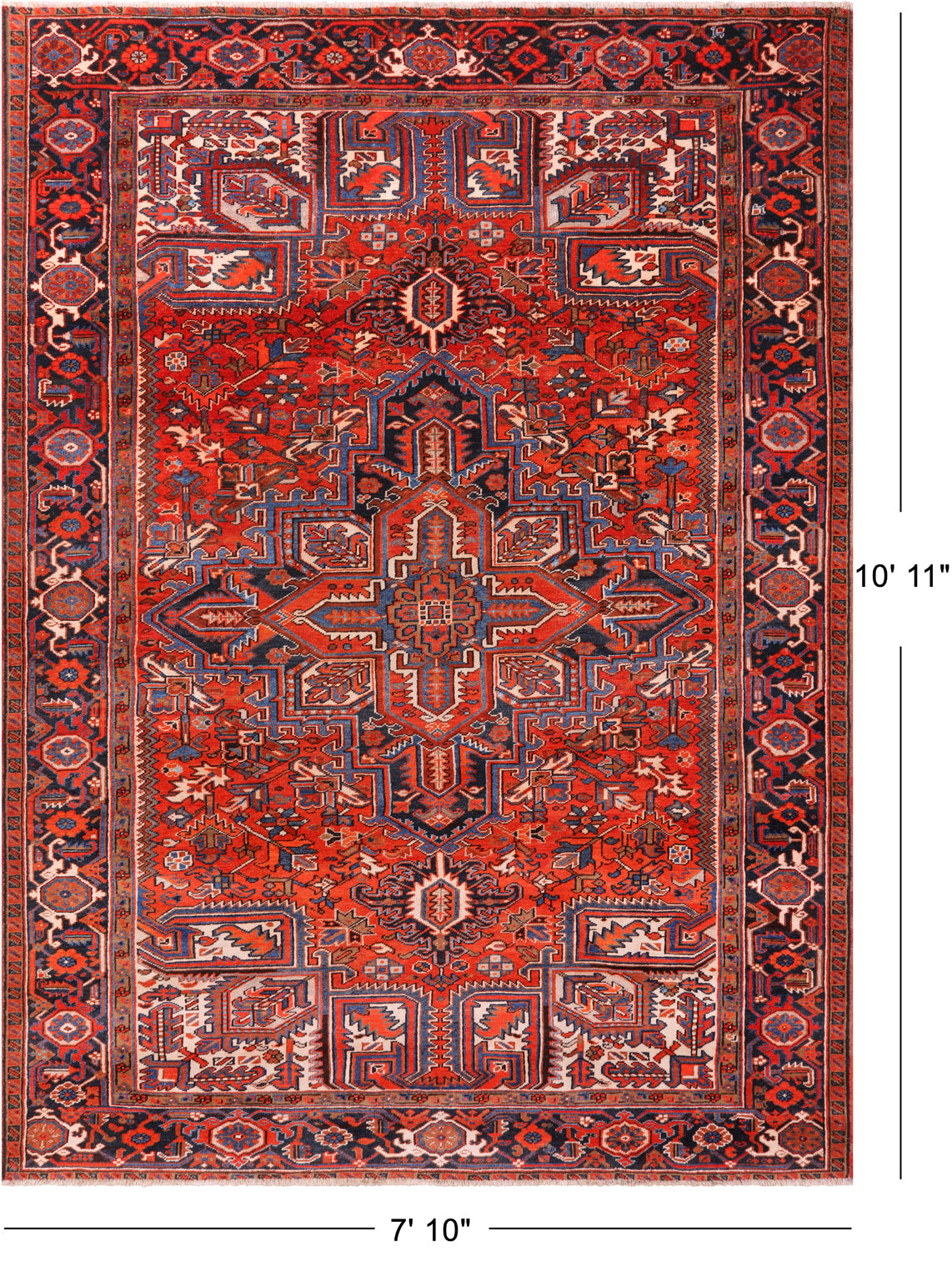 Red Vintage Persian Heriz Serapi Hand Knotted Wool Rug - 7' 10" X 10' 11"