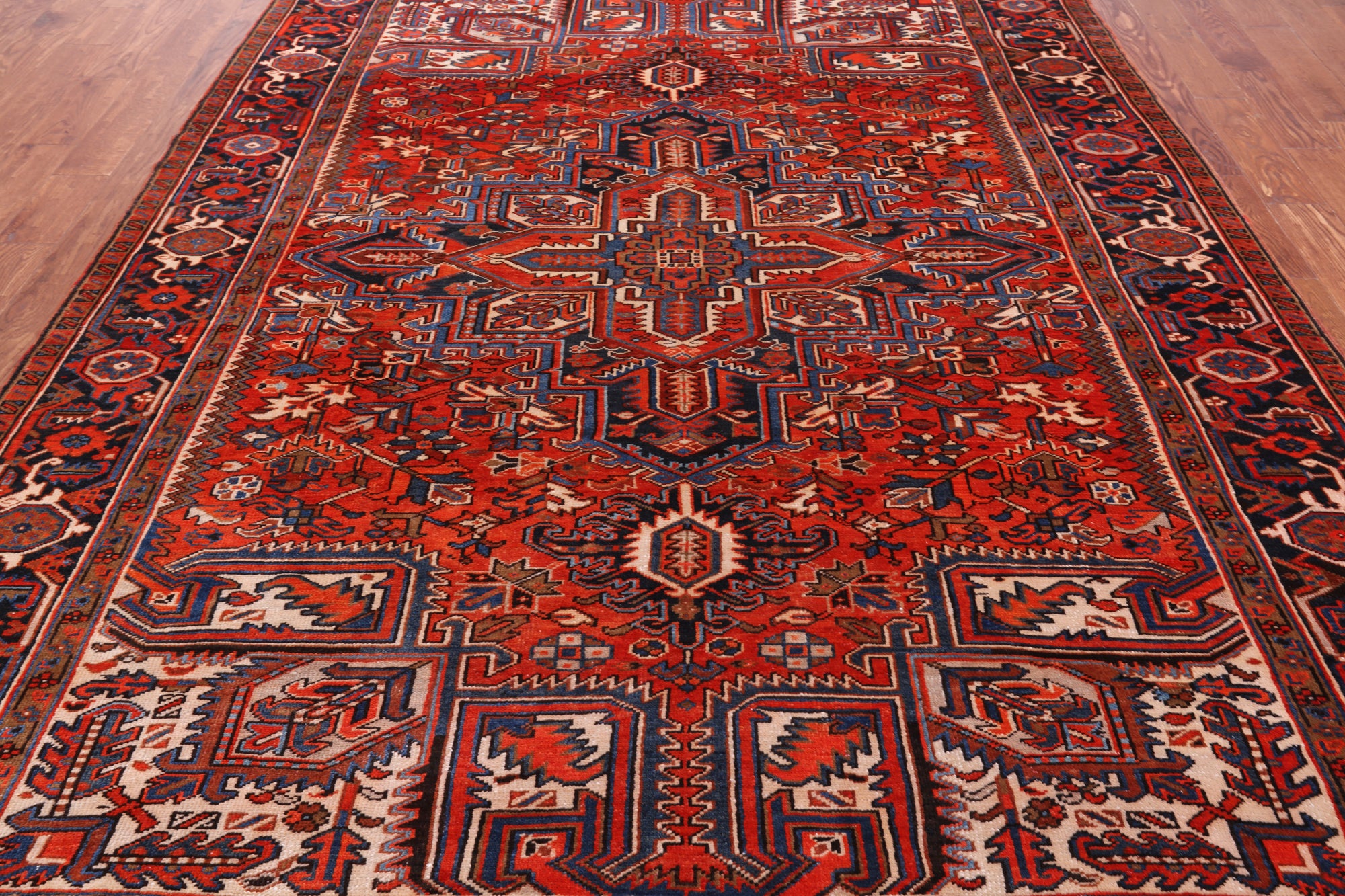 Red Vintage Persian Heriz Serapi Hand Knotted Wool Rug - 7' 10" X 10' 11"