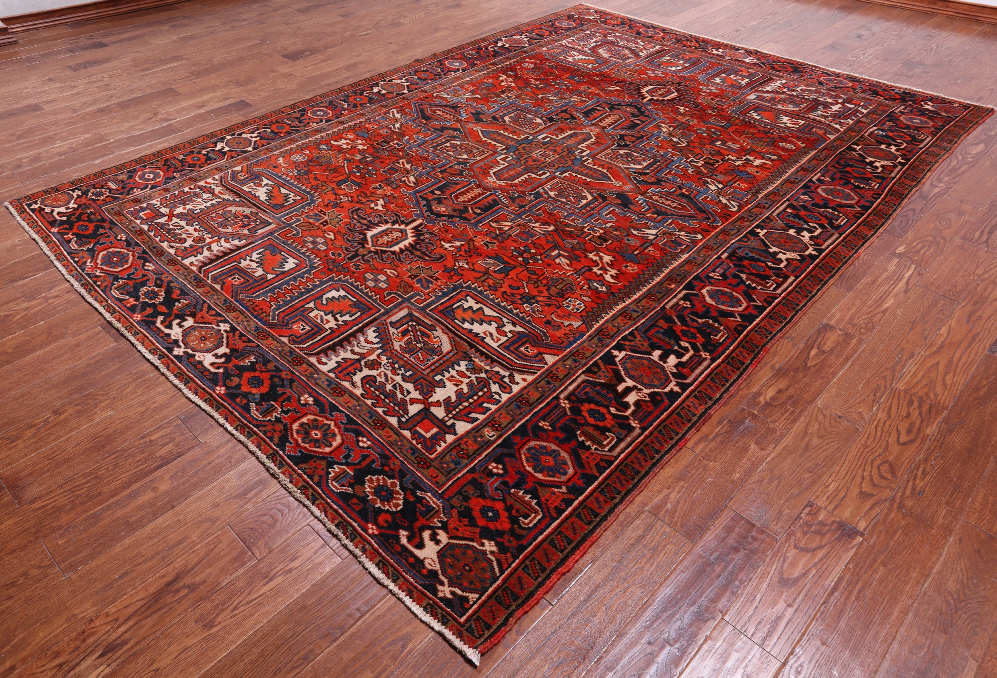 Red Vintage Persian Heriz Serapi Hand Knotted Wool Rug - 7' 10" X 10' 11"